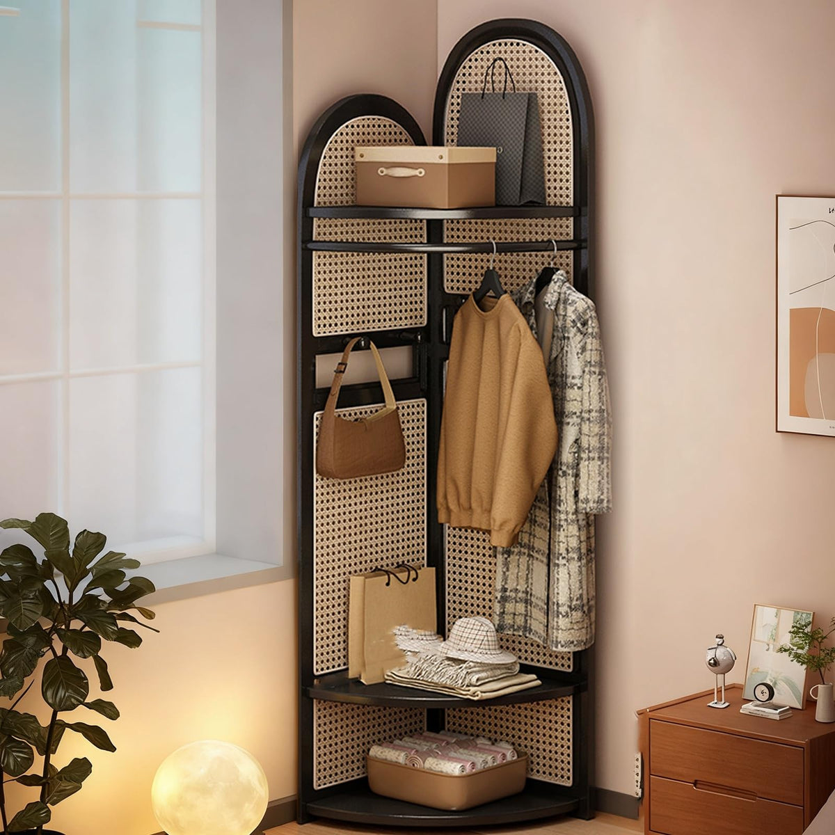 Wooden Corner Clothes Rack, 3-Tier Rattan Corner Hall Tree with Bench and Shoe Storage, Entryway Coat Rack with 4 Hooks, for Entryway or Bedroom(Black)
