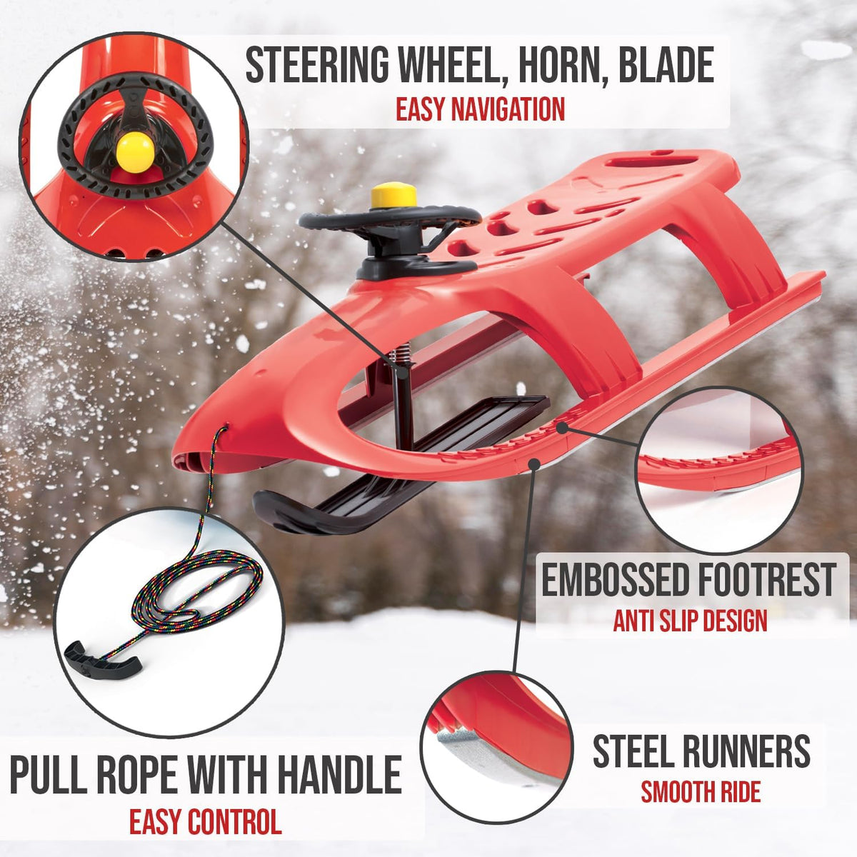 Snow Sled for Kids - SnowRush Sledge - Single Rider Racer Toboggan with Pull Rope and Steering Wheel; Outdoor Plastic Winter Sleigh for Toddlers & Kids