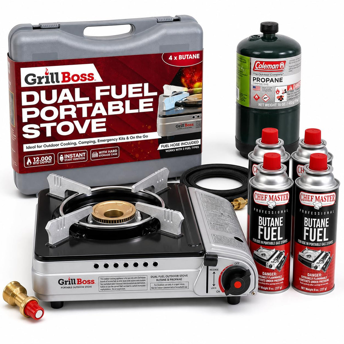 Chef Master Grill Boss Dual Fuel Camping Stove + 4x 8 oz Butane, 12,000 BTU