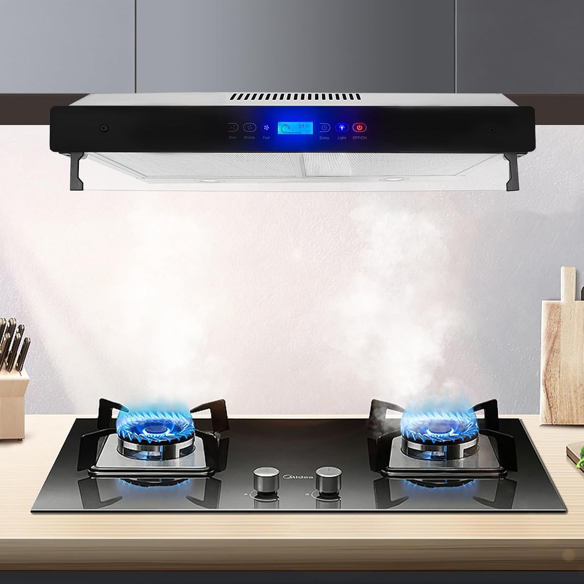 Under Cabinet Range Hood 30 Inch, Three-Speed Range Hood with LED Lights, Touch Control Panel Vent Hood, Stainless Steel Kitchen Vent with 2 Filters