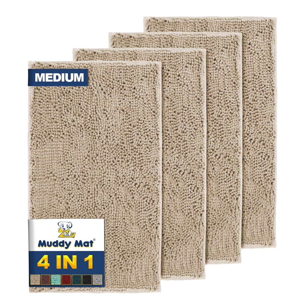 Muddy Mat® 4-Piece Grey Medium 30"X19" AS-SEEN-ON-TV Highly Absorbent Microfiber Door Mat, Bath Mat and Pet Rug, Non Slip Thick Washable, Soft Chenille for Kitchen Bathroom Bedroom Indoor and Outdoor
