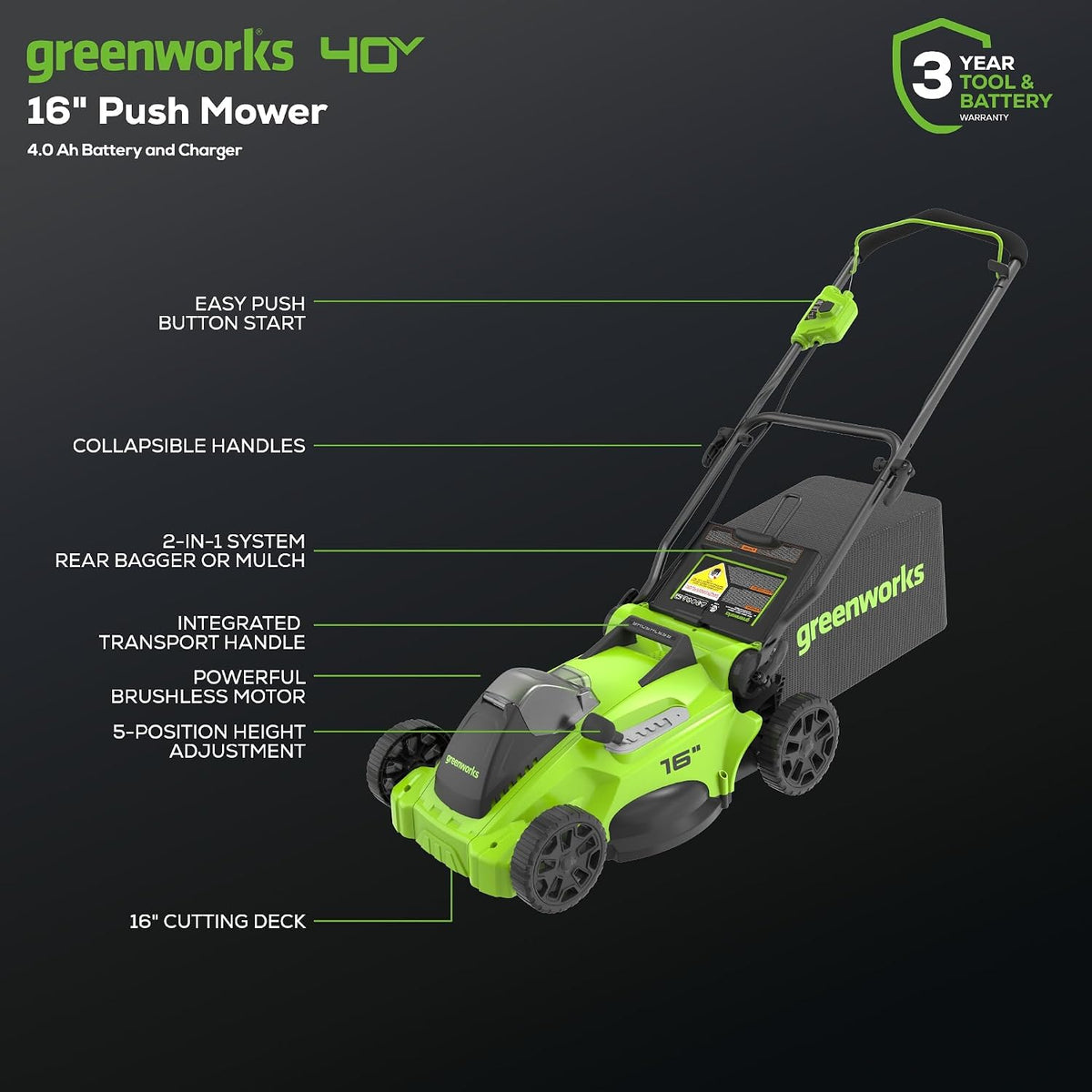 Greenworks 40V 16in Push Lawn Mower, 4.0 Ah Battery and Charger