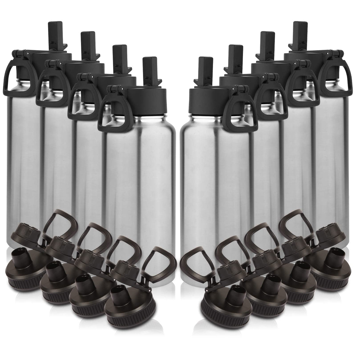 Volhoply 32oz Insulated Water Bottle with Straw Lid, Black, 8-Pack