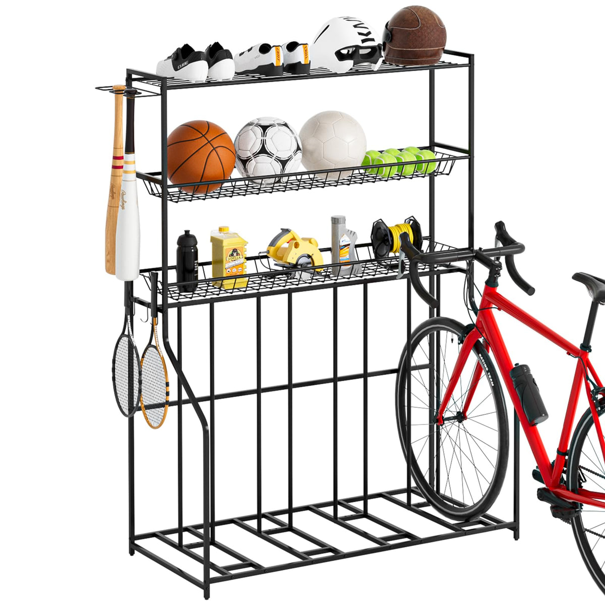 4 Bike Stand, Bike Rack Garage with 3-Tier Storage Rack, Bicycle Stand for Garage Organizer, Indoor Sporting Gear Storage Station for Mountain/Road/Hybrid & Fat Tire Bike, Patent Pending