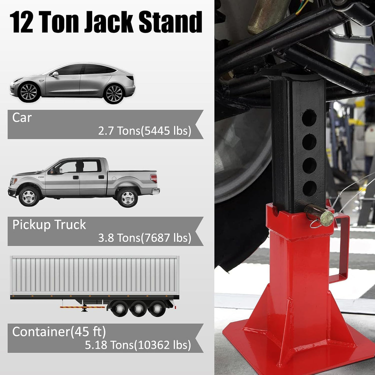 12Ton Pin Type Car Jack Stand 2PCS-Heavy Duty 22000LBS Portable Jack Stands with Locking Pin, Adjustable Height 11"-18", for Trucks, RV, SUV, Auto Repair