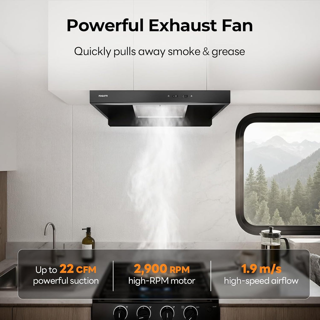 FOGATTI RV Range Hood 22" Ductless 12V Black, Charcoal Filter, LED Light
