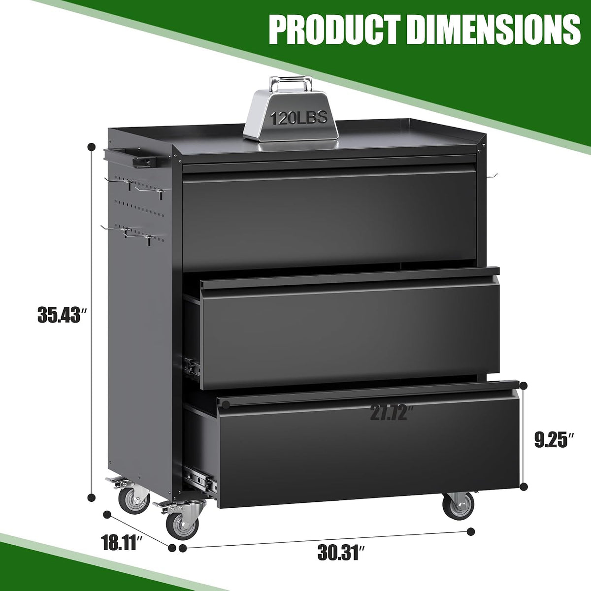 3-Drawer Rolling Tool Chest with Wheels, Pegboard and Push Handle