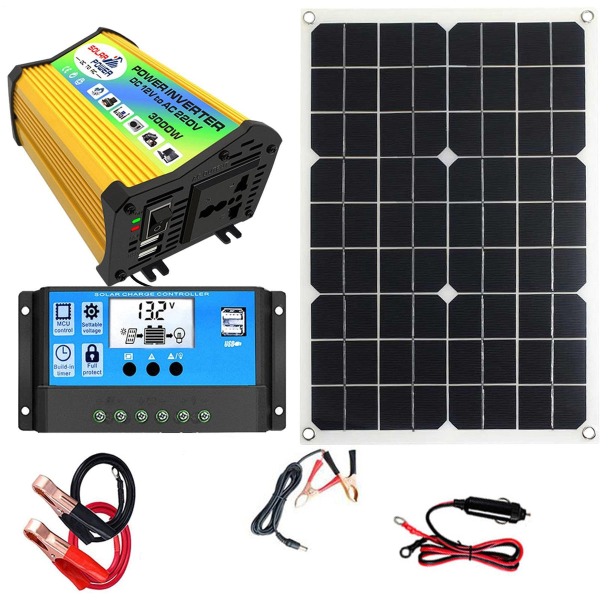 Solar System – Energy Inverter Kit, Panel Charge Controller | 3000W Home Generator with USB Ports, Complete Renewable Source for Off-Grid Cabins, System for Outdoor Setup