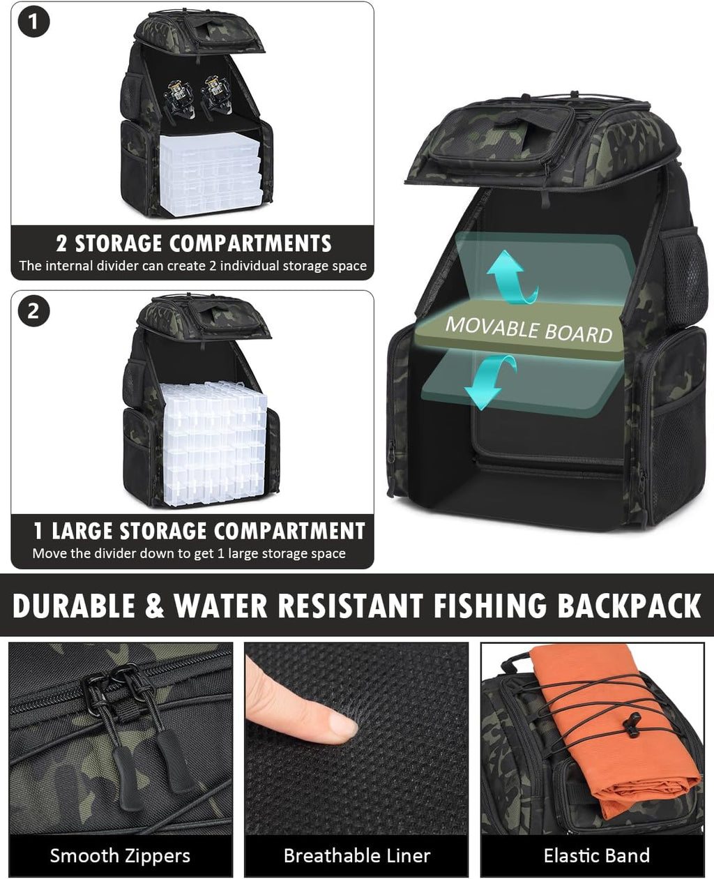 HAMBOLY 50L Fishing Backpack with Tackle Boxes, Cooler & Rod Holders