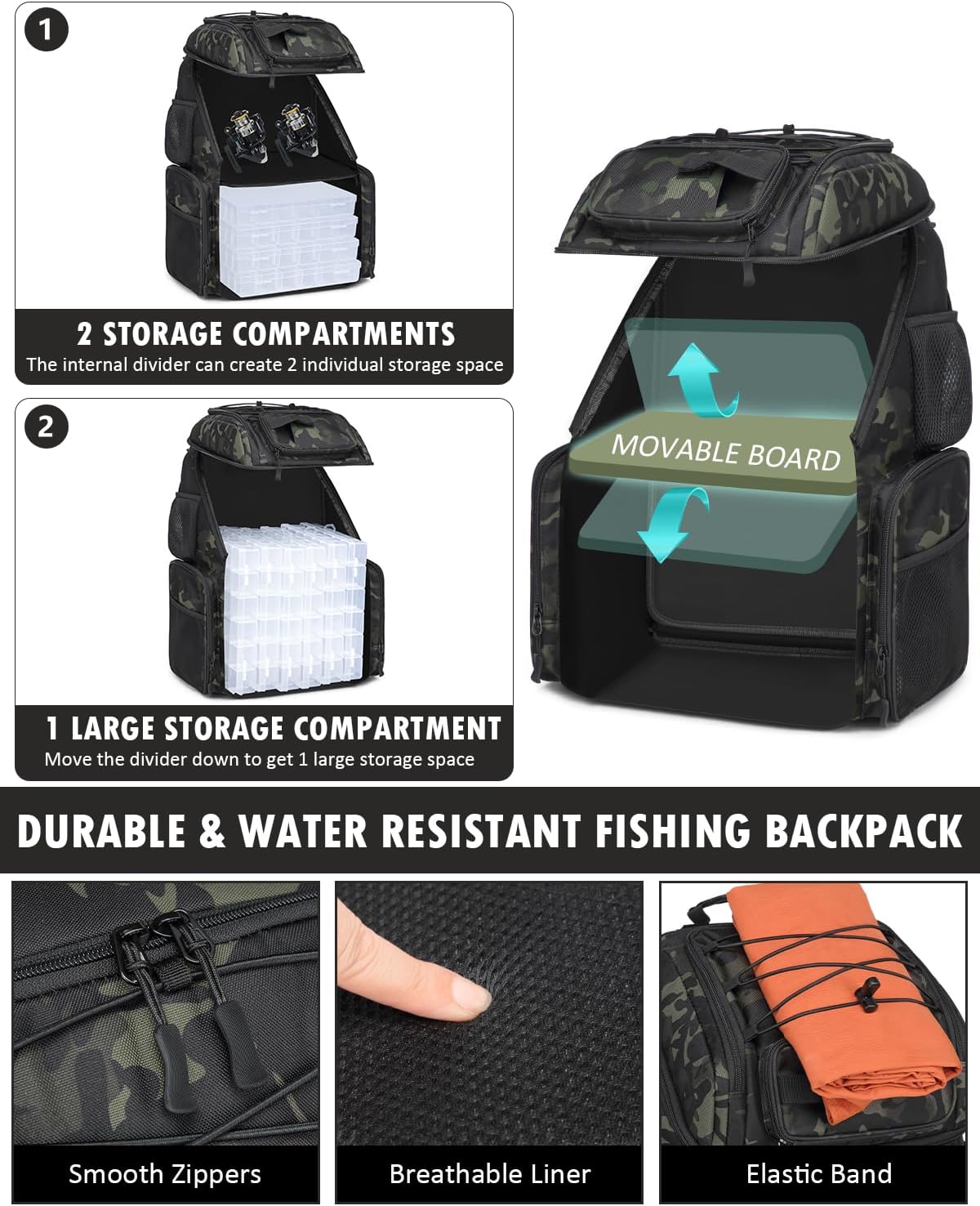 HAMBOLY 50L Fishing Backpack with Tackle Boxes, Cooler & Rod Holders