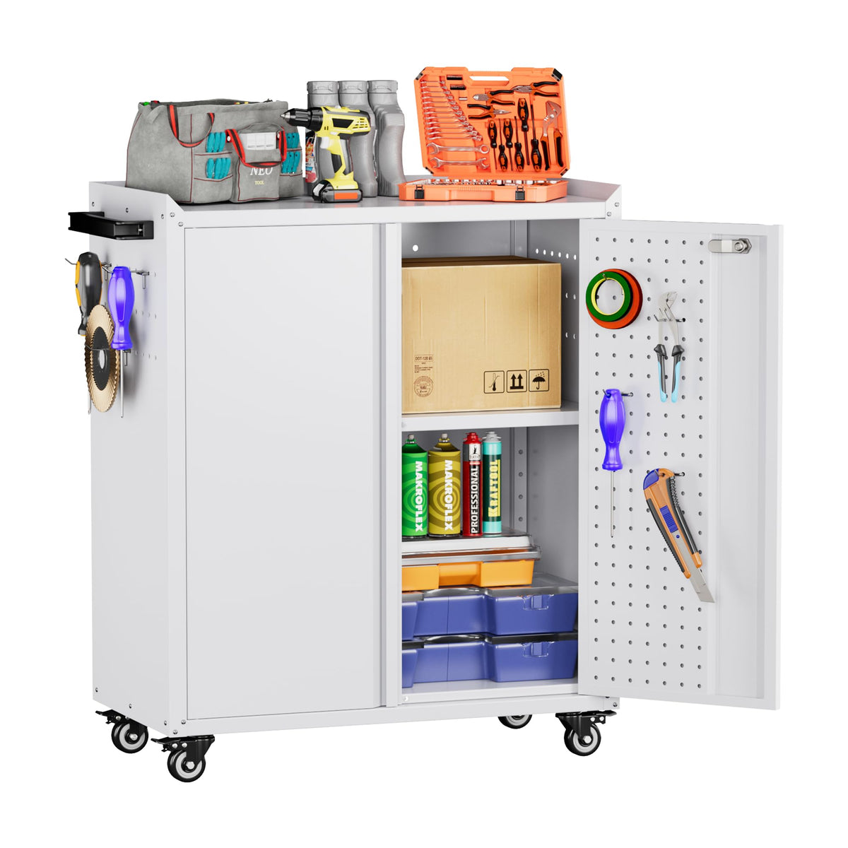 3-Drawer Rolling Tool Chest with Wheels, Pegboard and Push Handle