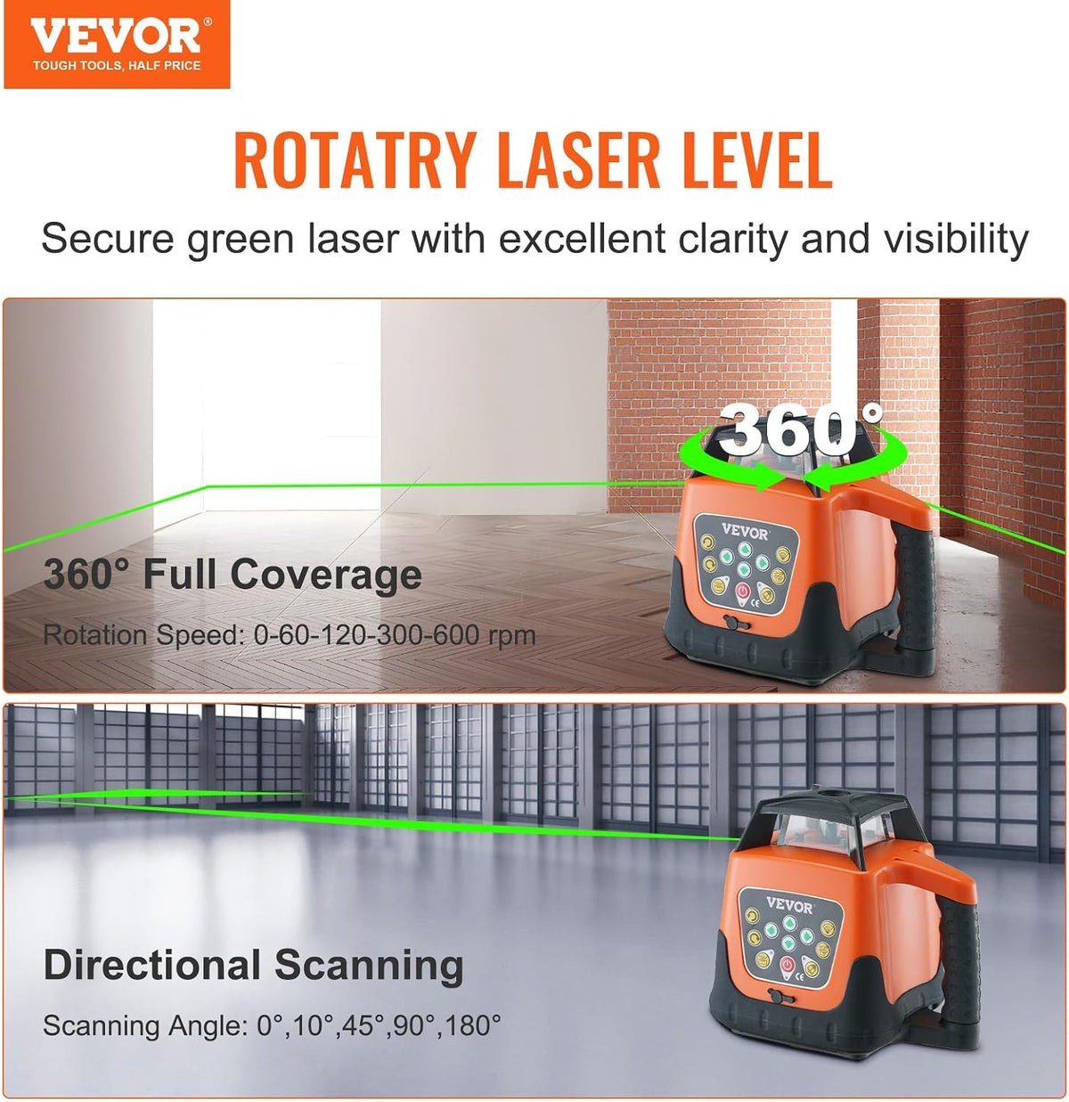 VEVOR Rotary Laser Level 2000 ft, 360 Degree Self-Leveling Green Cross Line