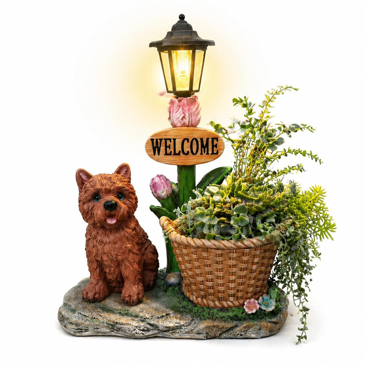 Solar Chihuahua Dog Statue with Welcome Sign & Lantern, Resin Puppy Garden Figurine Planter Pot, Realistic Outdoor LED Light for Porch, Yard Art & Lawn Decor, Unique Gift for Dog Lovers