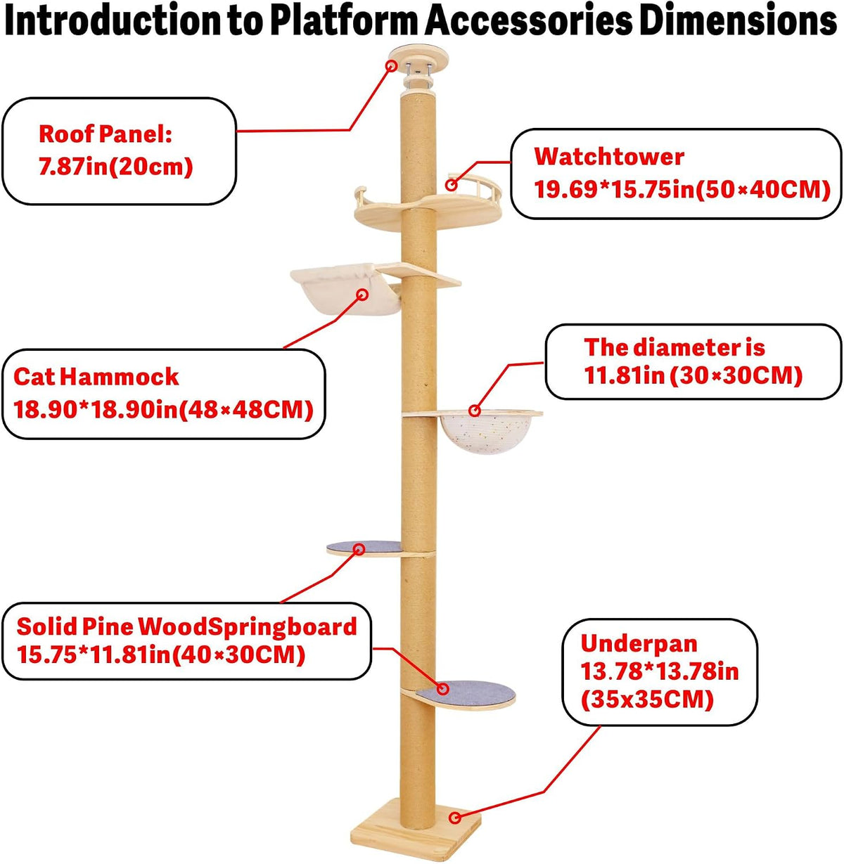 Floor to Ceiling Cat Tree Height (50-120.5in) Adjustable Cat Tower 5 Tier Hemp Scratching Post High Cat Tree Sturdy Activity Tree Indoor Outdoor Cat Scratching Post Activity Center
