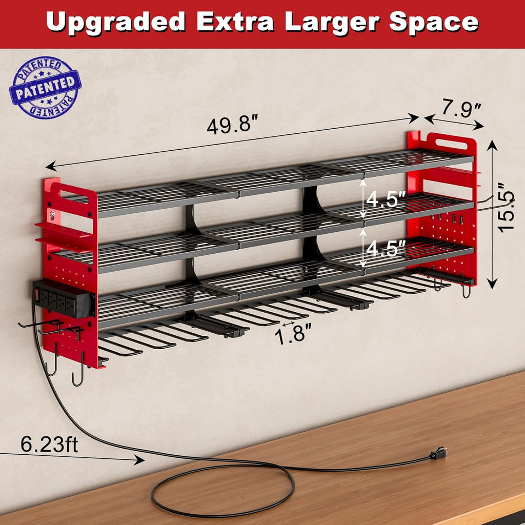 Power Tool Organizer Wall Mount, 12-Drill 4-Tier Charging Station, Red