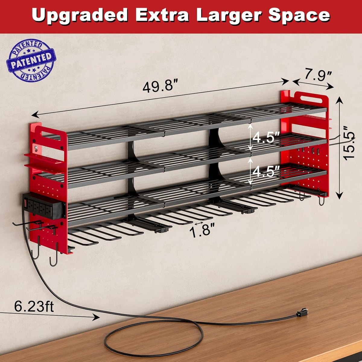 Power Tool Organizer Wall Mount, 12-Drill 4-Tier Charging Station, Red