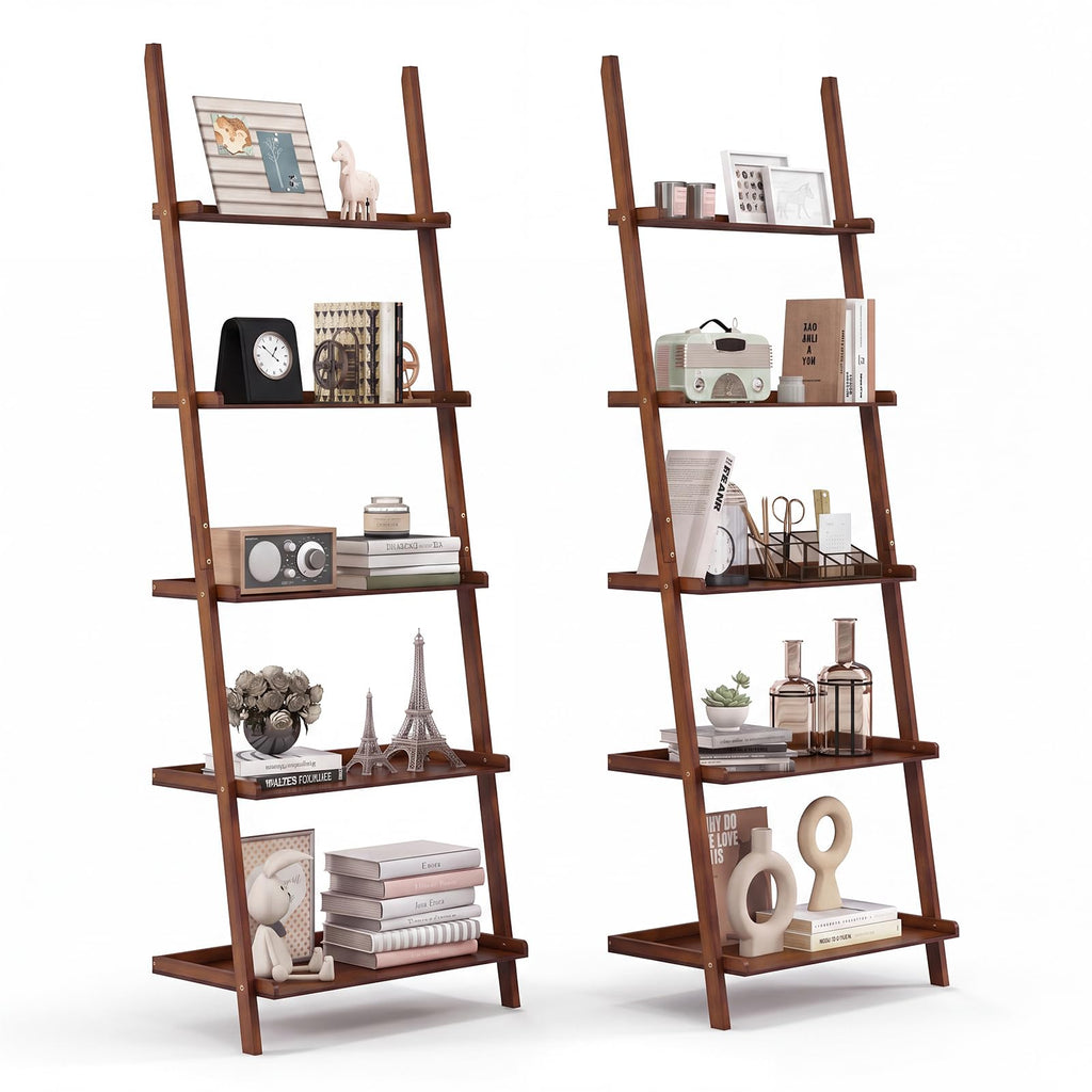 Tangkula 5-Tier Ladder Shelf Bookcase, Bamboo, 72”H, Walnut, 2 Pack