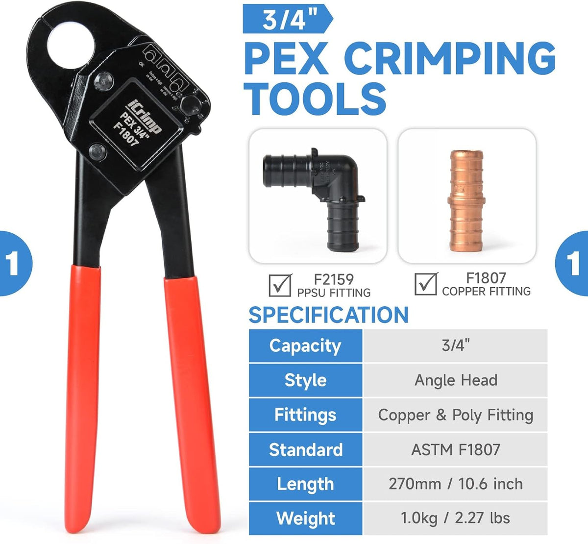 iCrimp IWS-1807CN PEX Crimping Tool Kit with PEX Crimpers, PEX Tubing Cutter, Copper Ring Removal Tool for 1/2’’ & 3/4’’ Copper Crimp Rings, Meets ASTM F1807 Standard
