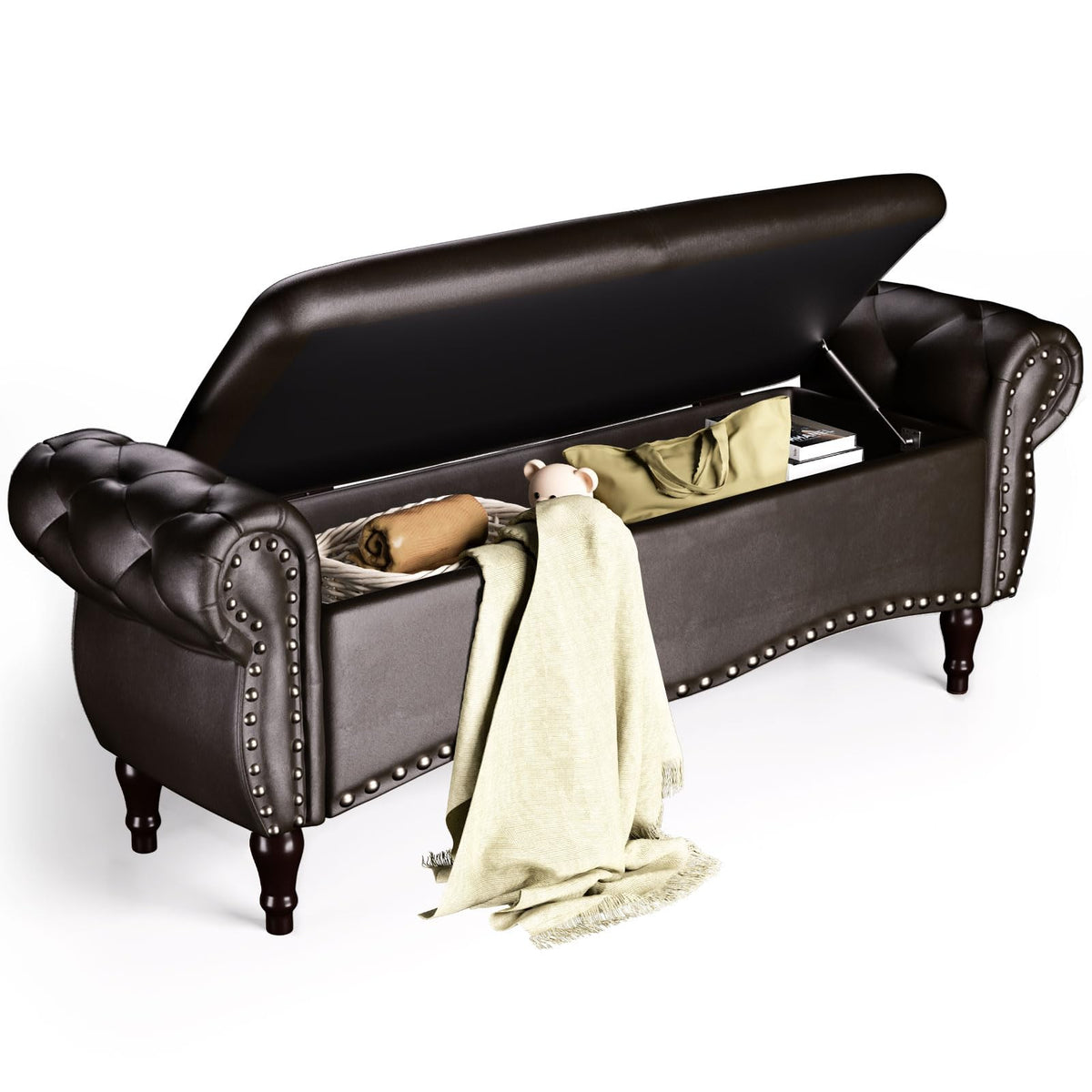 ZZW Storage Ottoman Bench, 51" Length Upholstered End of Bed Storage Bench for Bedroom with Safety Hinge, Tufted Bed Benches with Rolled Arm and Nailhead Trim for Living Room, Entryway Brown