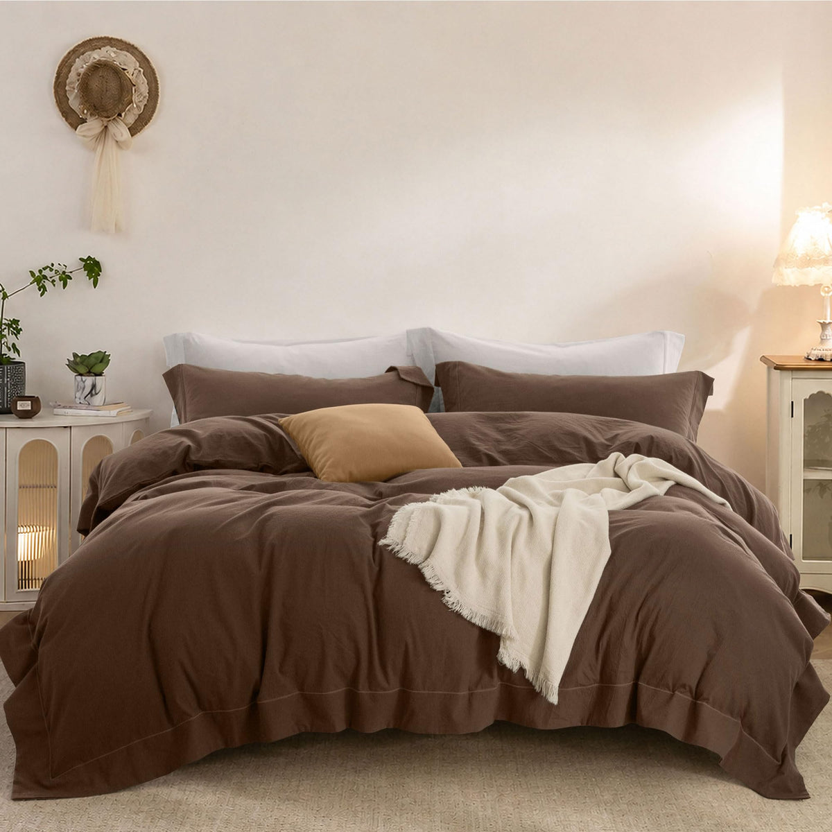 Duvet Cover Set Washed Cotton Embroidered Hem King 3‑Pcs