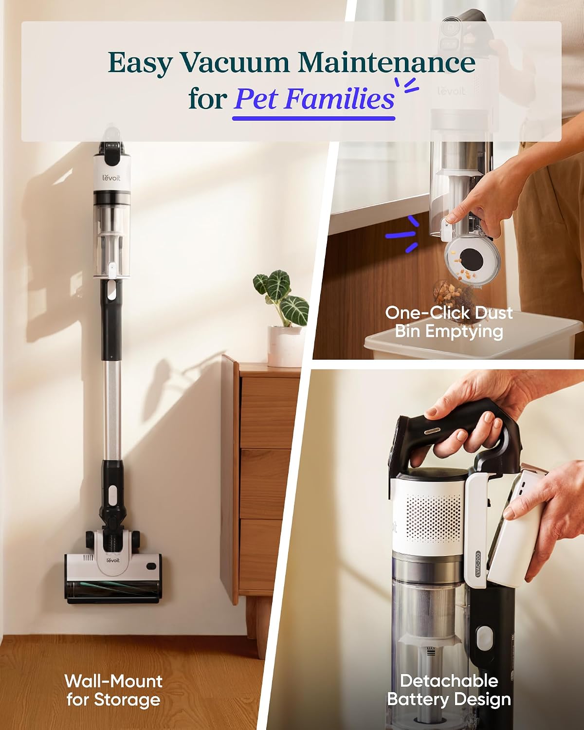 Levoit Cordless Vacuum Cleaner, Anti-Tangle for Pet Hair, Up to 50 Minutes