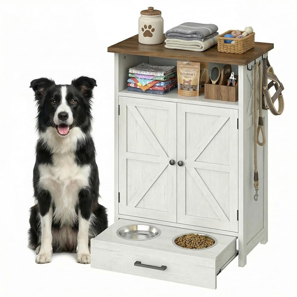 Dog Feeding Station with Storage Cabinet, Raised 2 Elevated Dog Bowls with Hidden Drawer, Pet Feeding Station with Storage, Dog Food Storage Cabinet with 3 Side Hooks, Pet Storage Station
