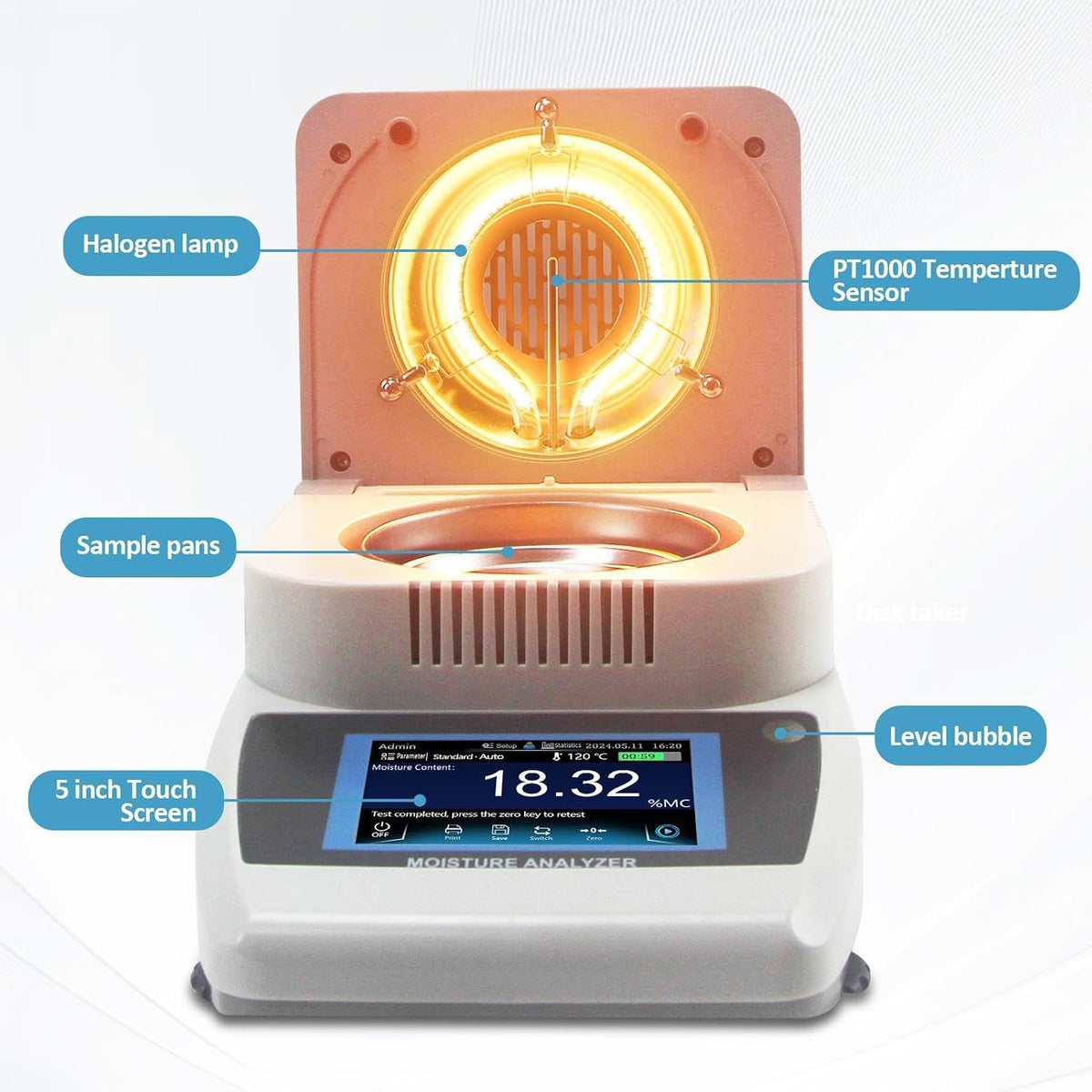 110V Halogen Moisture Analyzer Accuracy 0.001g,4.3In Touch Screen Lab Grain Moisture Analyzer - 0.01% Readability Water Content Test with 120g Capacity 3 Drying Modes for Agriculture Medicine