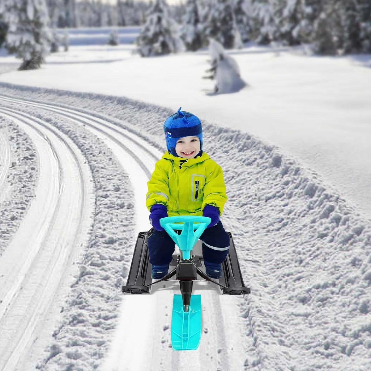 Snow Racer Sled, Ski Sled with Steering Wheel & Twin Brakes, Durable Steel Frame, Great Weight Capacity of 220 LBS, Sled for Kids Age 6 & Up, Teenagers Adult