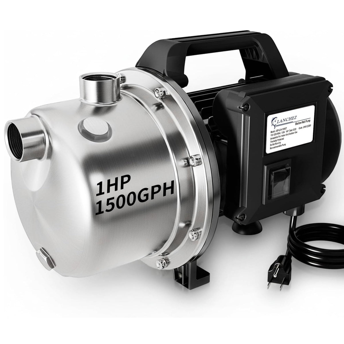 LANCHEZ 1.6 HP Shallow Well Pump, 1500 GPH Stainless Steel Water Transfer Pump, 115V Garden Irrigation Pump, Water Booster Jet Pump for Home Garden Lawn Farm, Silver