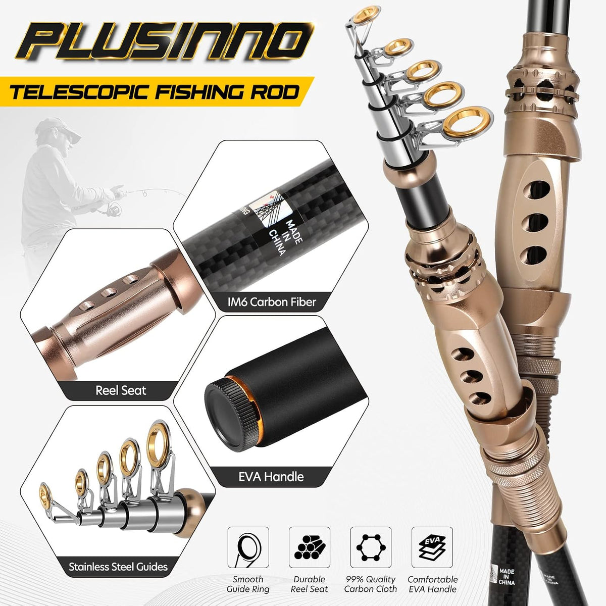 PLUSINNO Fishing Rod and Reel Combos Carbon Fiber Telescopic Fishing Pole with Reel Combo Sea Saltwater Freshwater Kit Fishing Rod Kit