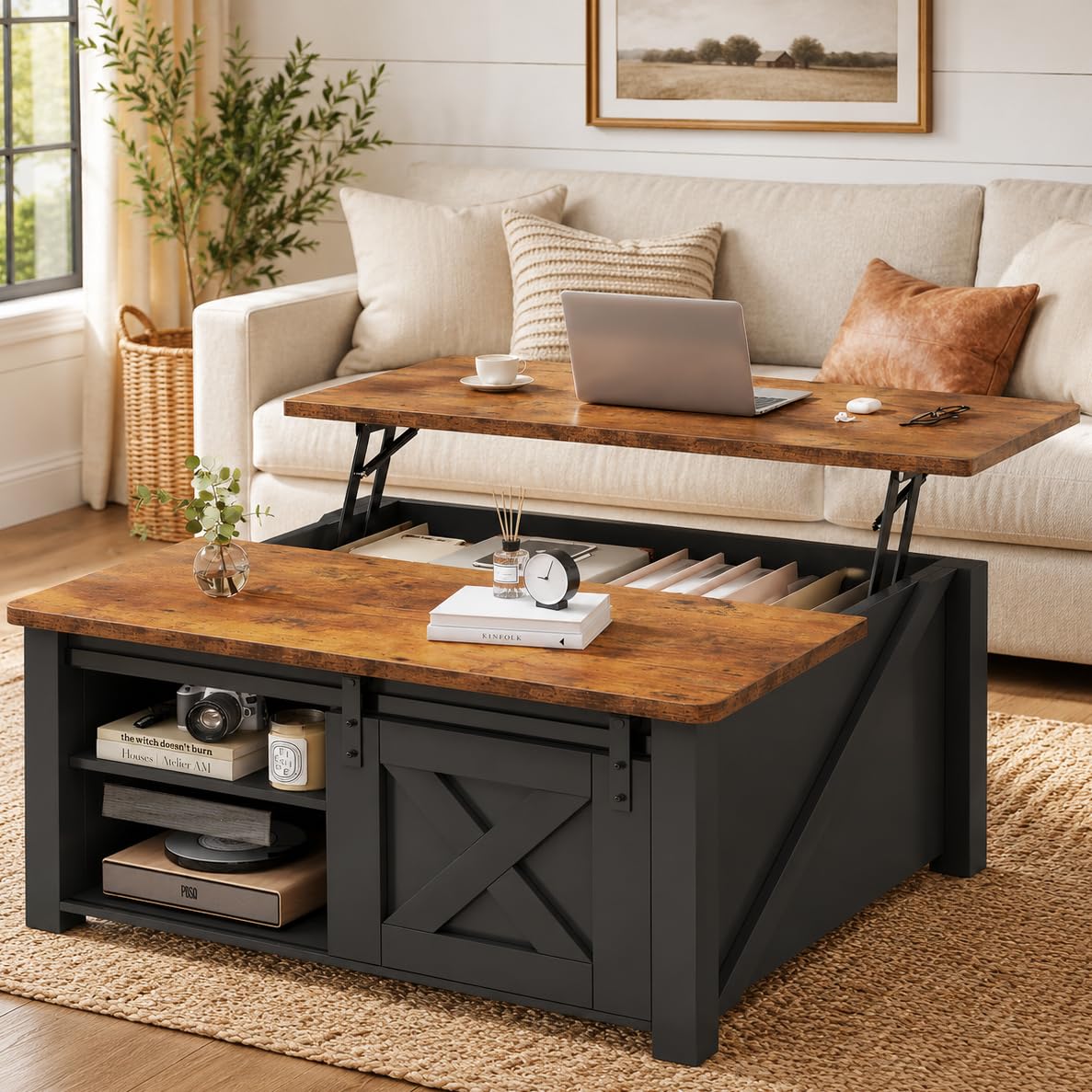 40" Lift Top Coffee Table, 4 in 1 Square Coffee Table with Storage Shelf & 2 Drawers, Modern Coffee Tables with Lift Tabletop, Converts to Dining Table for Living Room, Home Office