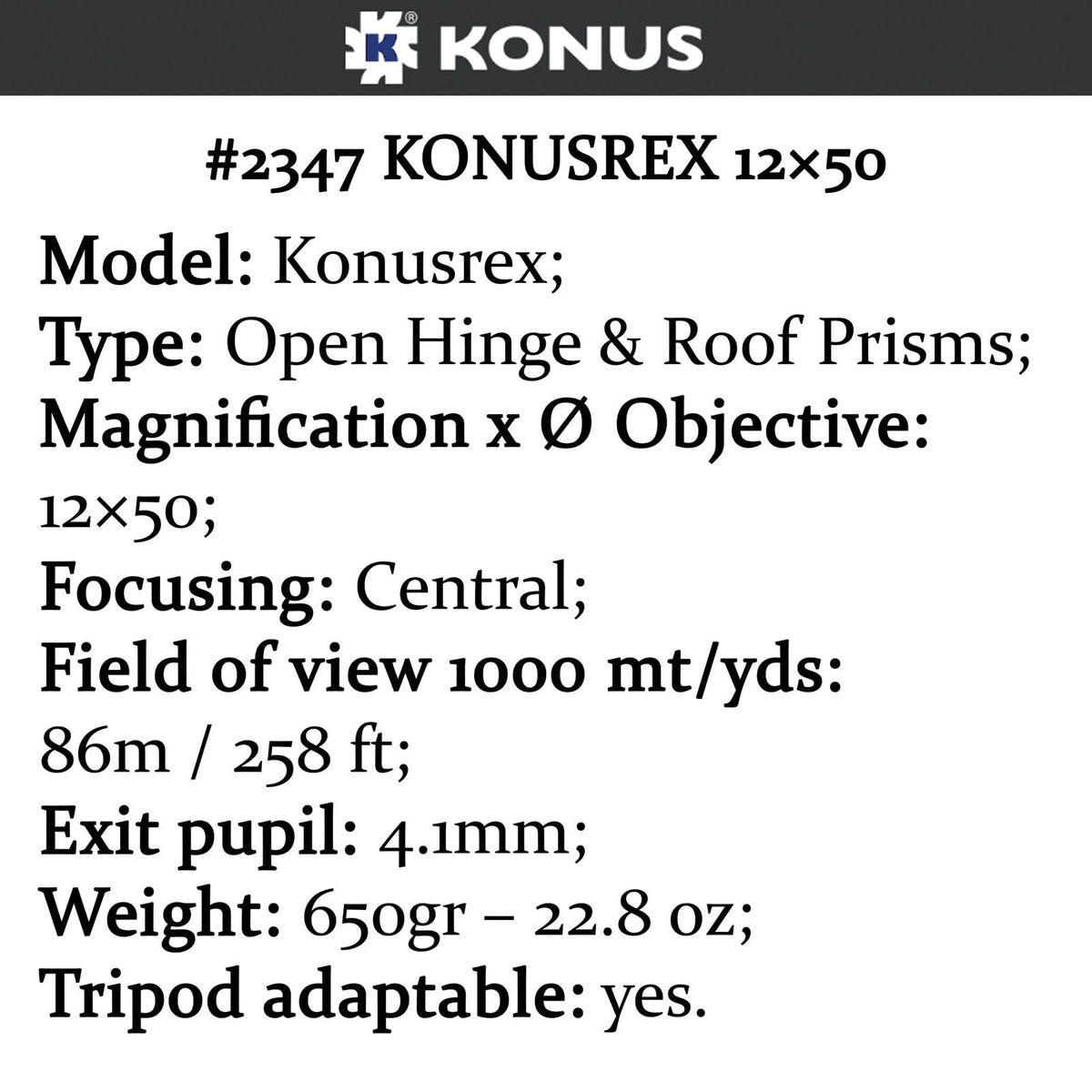 Konus Rex Binoculars for Hunting and Bird-Watching, 12x50mm (2347)