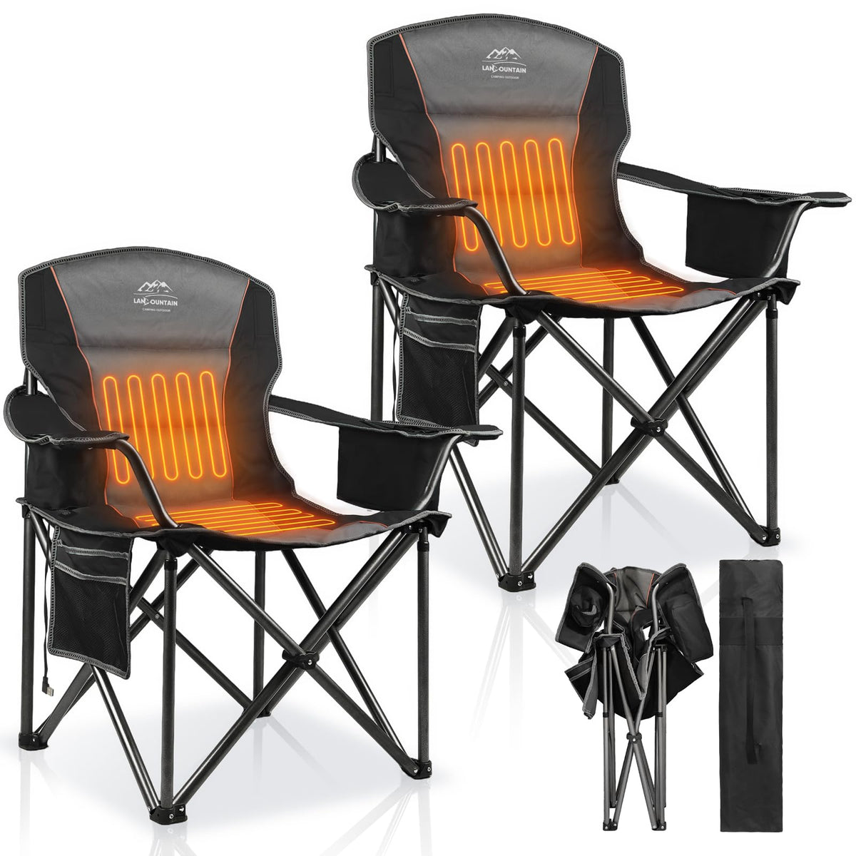 2 Pack Padded Oversized Camping Chairs for Adults,Heavy Duty Support 400 Lbs,Folding Portable Lawn Chair w/Cup Holder,Cooler Bag,Side Pocket,Perfect for Outdoor Picnic,Hiking(Orange&Blue)