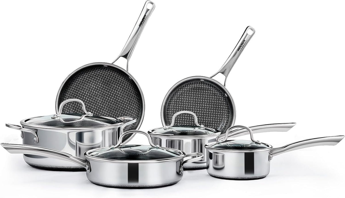 ROVSUN 10 Pcs Non-Stick Cookware Set, Stainless Steel Pots and Pans Set with Lids, Non-Toxic Kitchen Set Chef's Pan, PFOA & PTFE Free, Compatible for All Cooktops