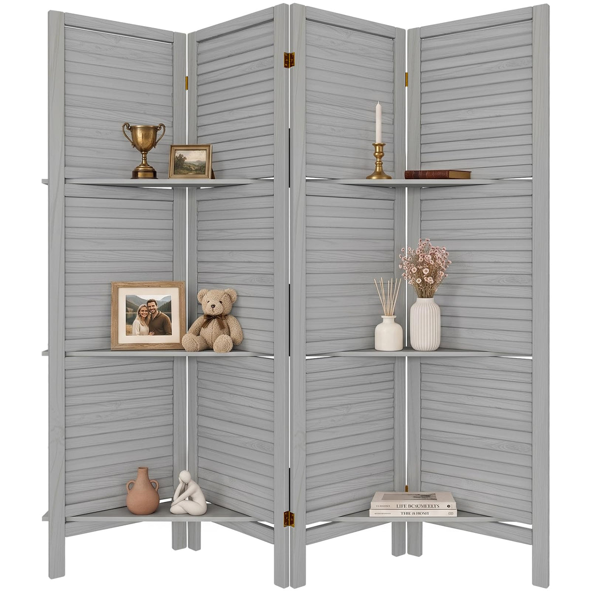 TEAKMAMA Room Divider, Room Divider with Shelves, 4 Panel,Distressed White