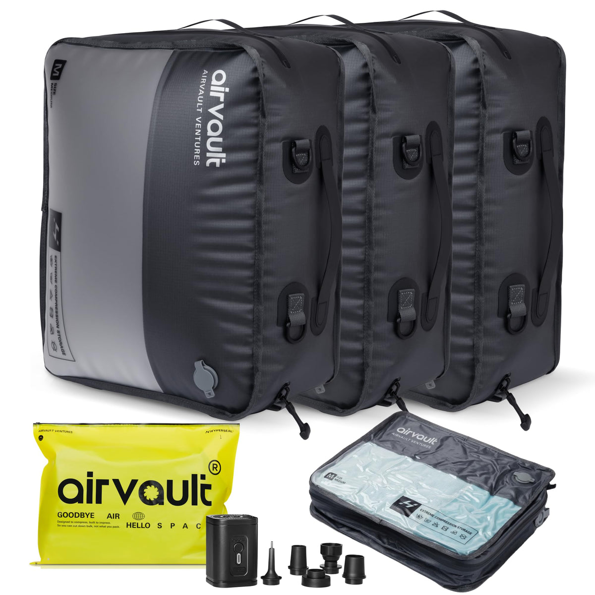 AirVault Reusable Vacuum Compression Travel Bag for Carry-On Suitcase and Backpack, Recycled IPX8 Waterproof Space Saver Vacpack (21L Gray (3-Pack) (Air Pump Included)