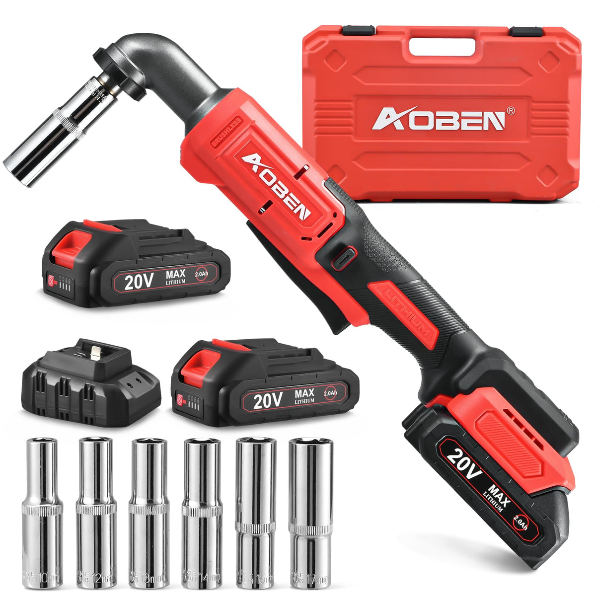 AOBEN Cordless Ratchet Wrench Kit,3/8" ratchet,40 Ft-lbs Electric Power Ratchet Set with Variable Speed Trigger,2 Packs 2000mAh Lithium-Ion Battery And Charger,83 Sockets