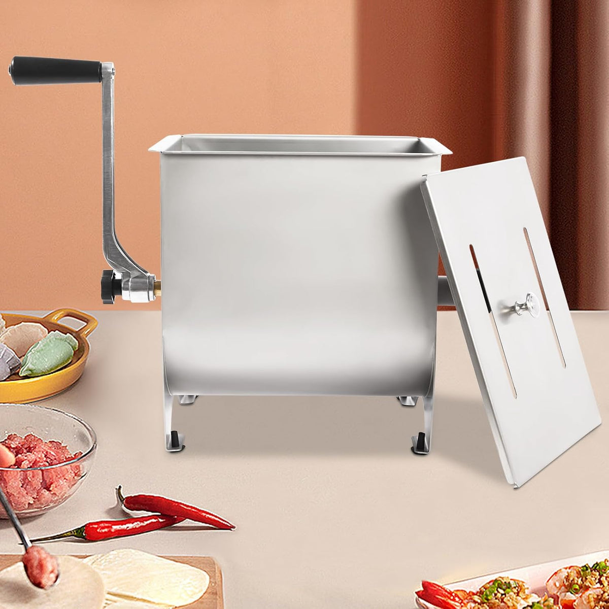 Meat Mixer Machine 20 lbs Commercial Manual Meat Mixers 201 Stainless Steel Meat Grinder Sausage Mixer Machine Meat Processing Equipment Ground Beef Hand Mixer with Lid