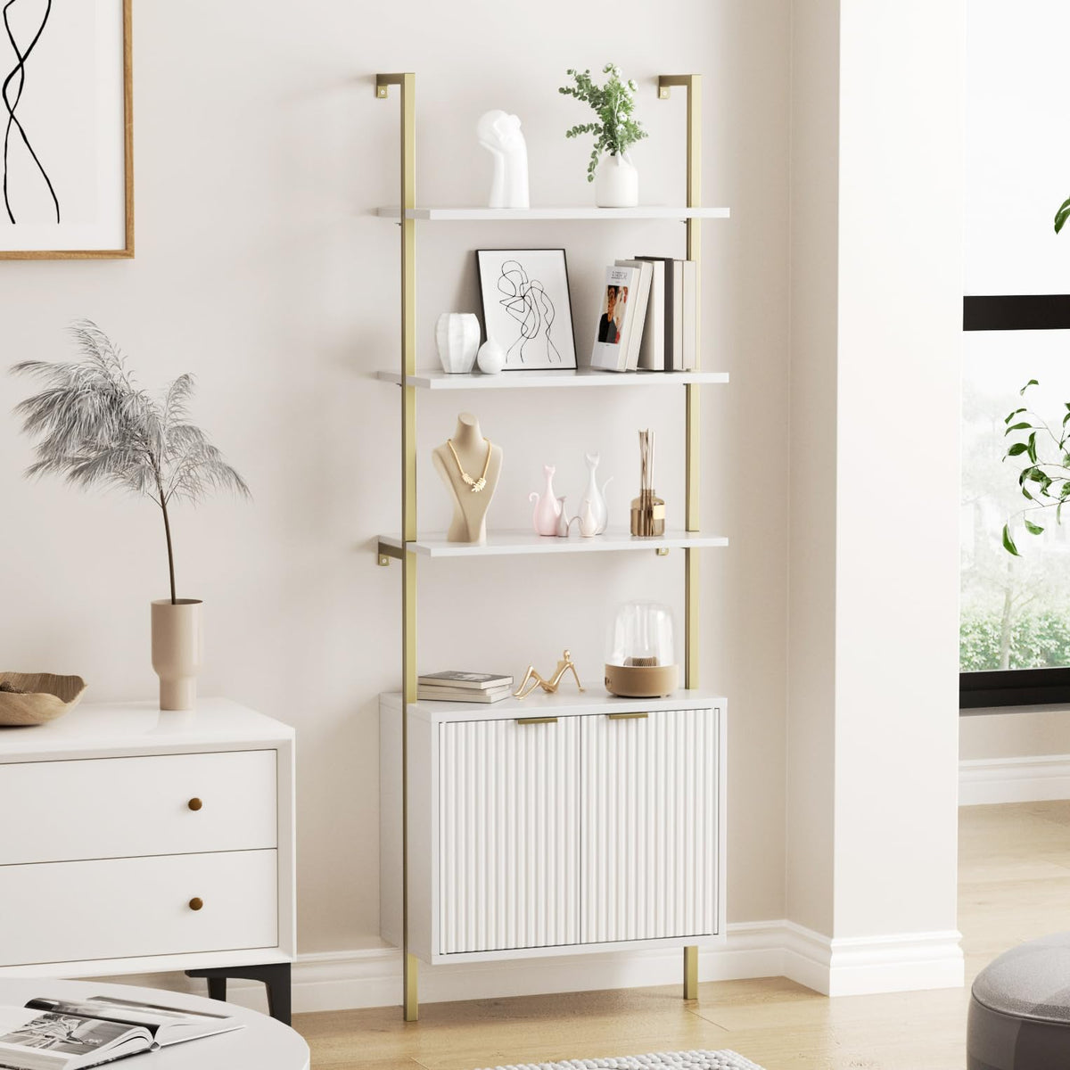 Set of 2 Ladder Shelf with Storage Cabinet,71”Wall Mounted Ladder Bookshelf