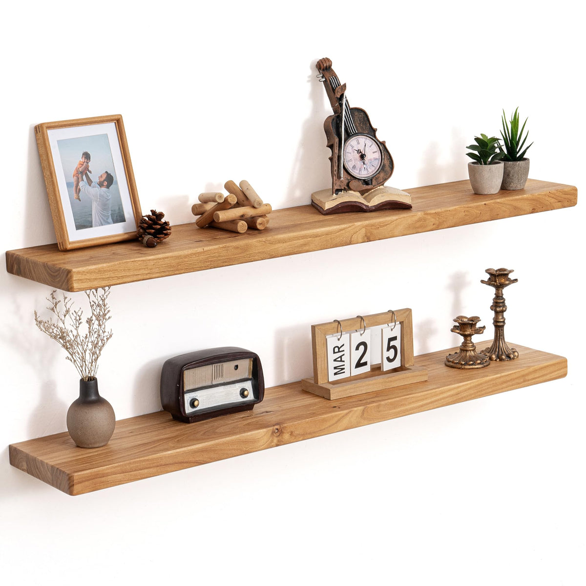 Floating Shelves for Wall, Solid Elm Wood Shelves, 24in Set of 2, Natural