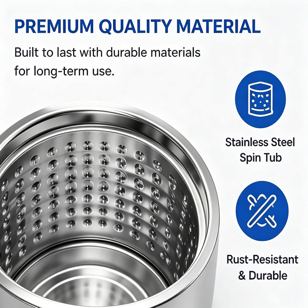 10KG Portable Spin Dryer, 1000RPM Compact Clothes Spinner with Stainless Steel Drum, Built-in Blue Light and Powerful Motor for Apartments, RVs and Small Spaces