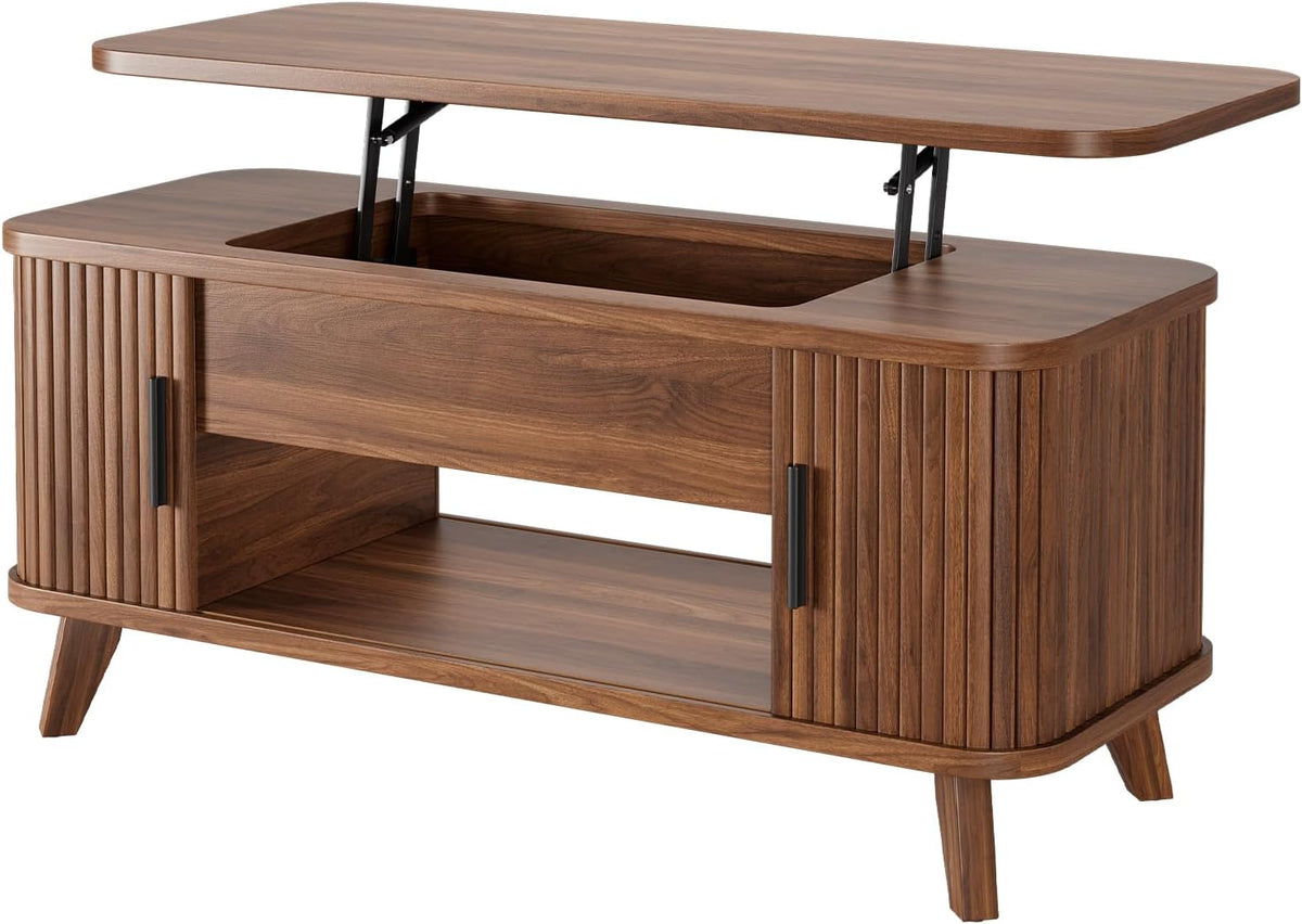 39.4" Mid Century Modern Lift Top Coffee Table, Wooden Fluted Coffee Table with Large Hidden Storage, 360° Curved Sliding Tambour Doors, for Living Room, Home Office, Apartment, Brown
