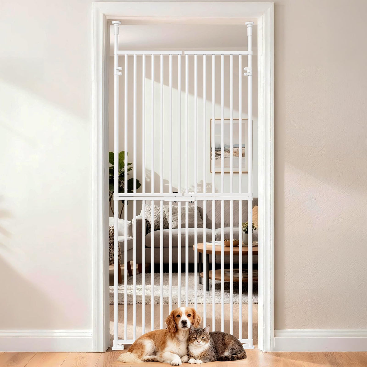 Slsy 76" Extra Tall Pet Gate for Cats & Dogs, Adjustable Width 29.5–32", No-Drill Pressure-Mounted Cat Gate, with Double-Door Walk-Through, Fits for Doorways, Stairs, Indoor & Hallways