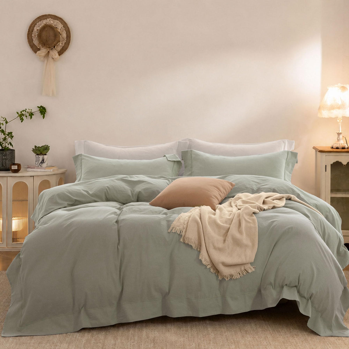 Duvet Cover Set Washed Cotton Embroidered Hem King 3‑Pcs