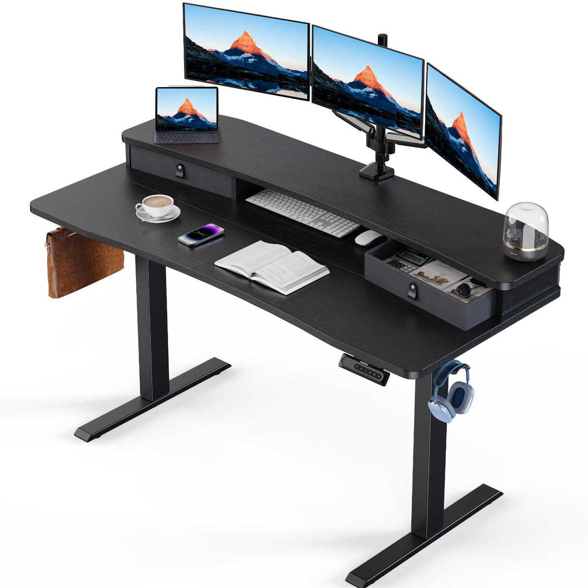 HUANUO 48″ x 28″ Electric Standing Desk with 2 Drawers, C-Clamp Mount Compatible, Height Adjustable Computer Desk, Home Office Stand Up Desk with 4 Preset Heights & 2 Hooks, Black