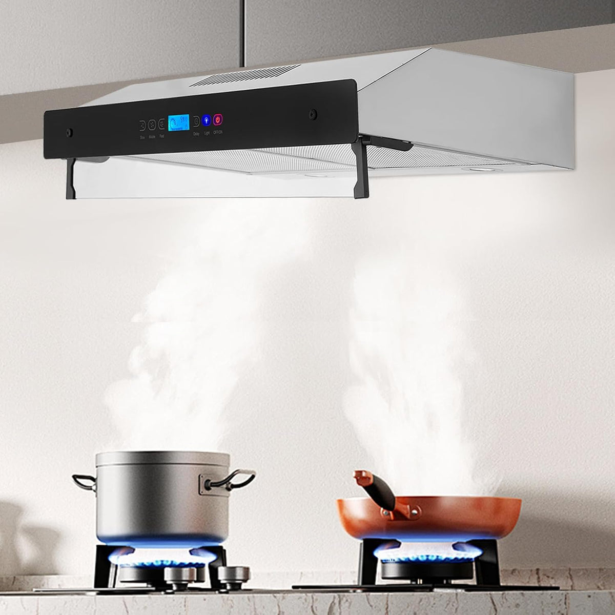 Under Cabinet Range Hood 30 Inch, Three-Speed Range Hood with LED Lights, Touch Control Panel Vent Hood, Stainless Steel Kitchen Vent with 2 Filters