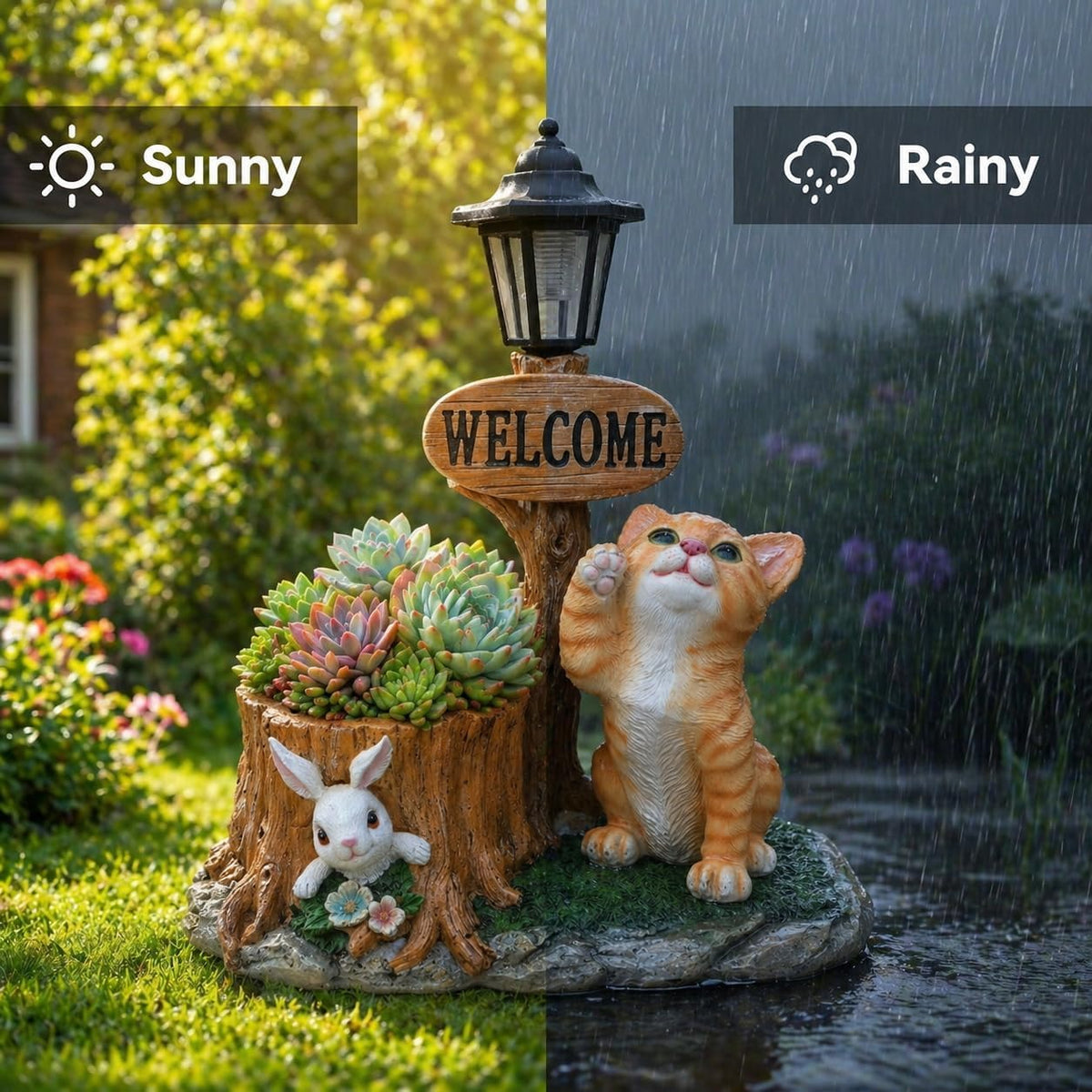 Solar Ginger Cat Statue with Welcome Sign & Lantern, Kitten Garden Figurine Planter Pot, Realistic Outdoor LED Light for Porch, Yard Art & Lawn Decor, Unique Gift for Cat Lovers