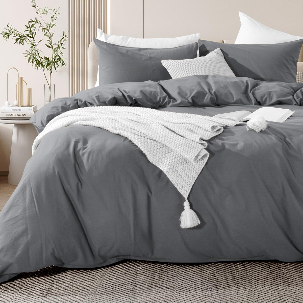 NEXHOME PRO Duvet Cover Set Queen Size Linen Look Textured 100% Washed Cotton Duvet Cover Burgundy Dark Red 3 Pieces Bedding Set with Zipper Closure,Breathable, Soft Organic Natural(No Comforter)