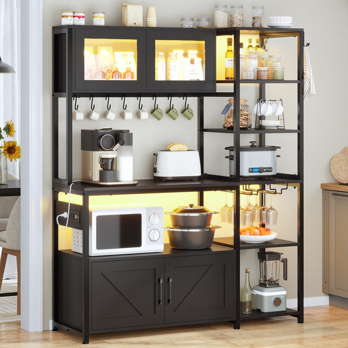 Itaar Bakers Rack with Power Outlet and LED Light, 45.3 Inch Farmhouse Coffee Bar Cabinet, Kitchen Microwave Stand with Storage, Glass Cabinet, Goblet Holder and 8 Hooks (Rustic Brown)