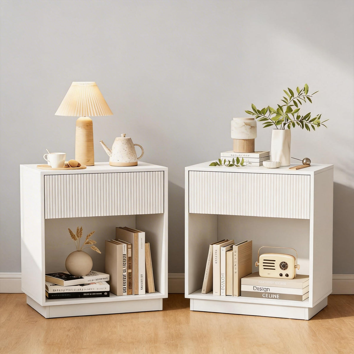 Fluted Nightstands Set of 2, Modern Bedside Table with Drawer and Storage Shelf, Wood End Table Mid Century Night Stands for Bedroom Living Room Sofa Couch Office (White+Oak)